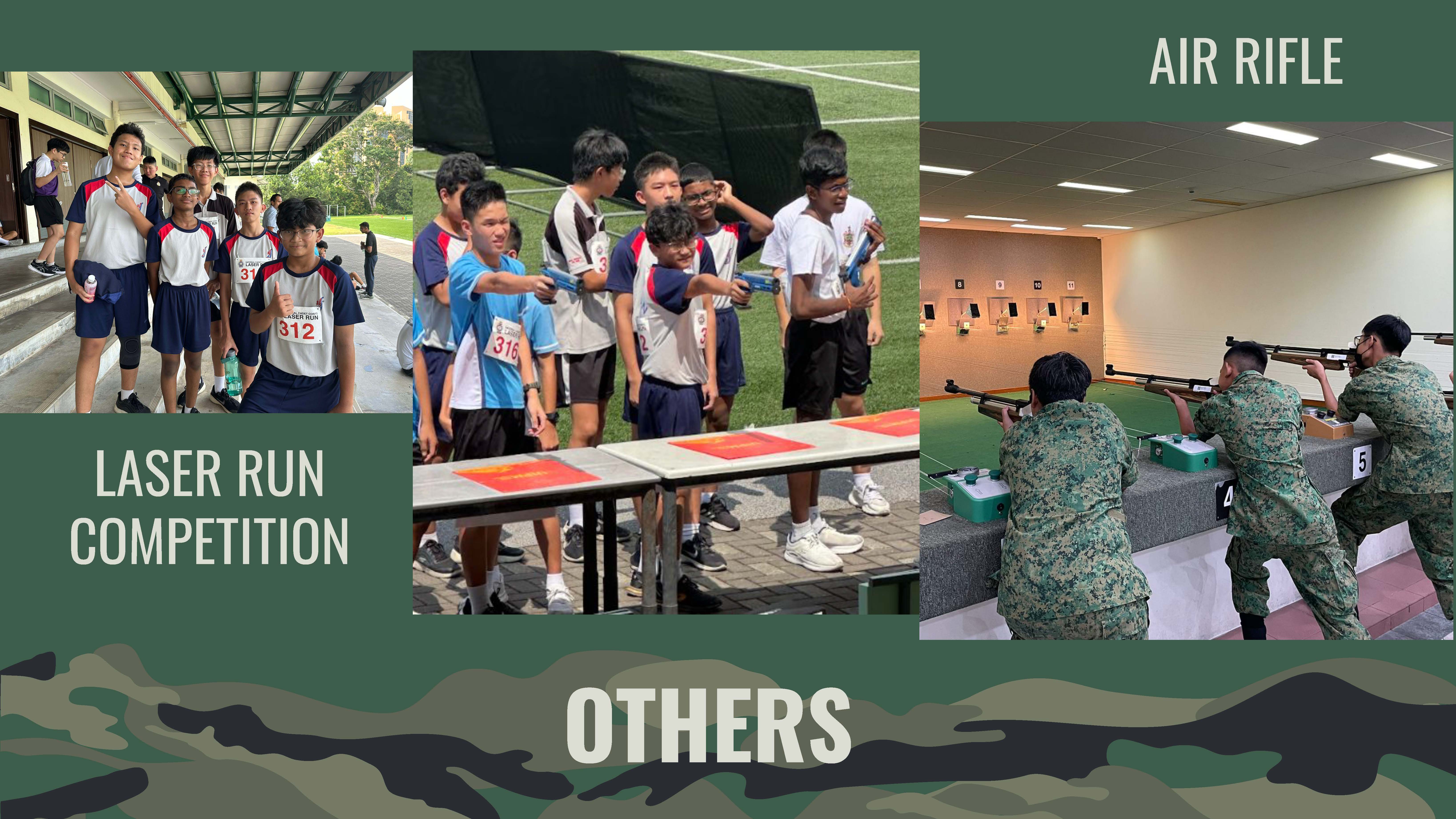 Collage of students at a laser run event and people aiming air rifles at an indoor range, labeled OTHERS.